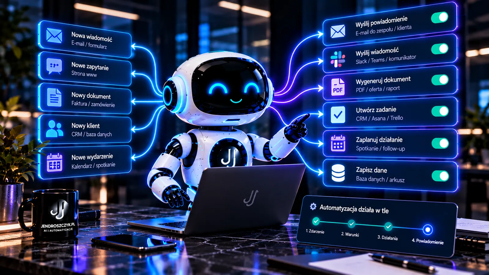 Wizualizacja automatycznego workflow, który reaguje na nowe wiadomości, zapytania, dokumenty, klientów i wydarzenia oraz wykonuje kolejne działania
