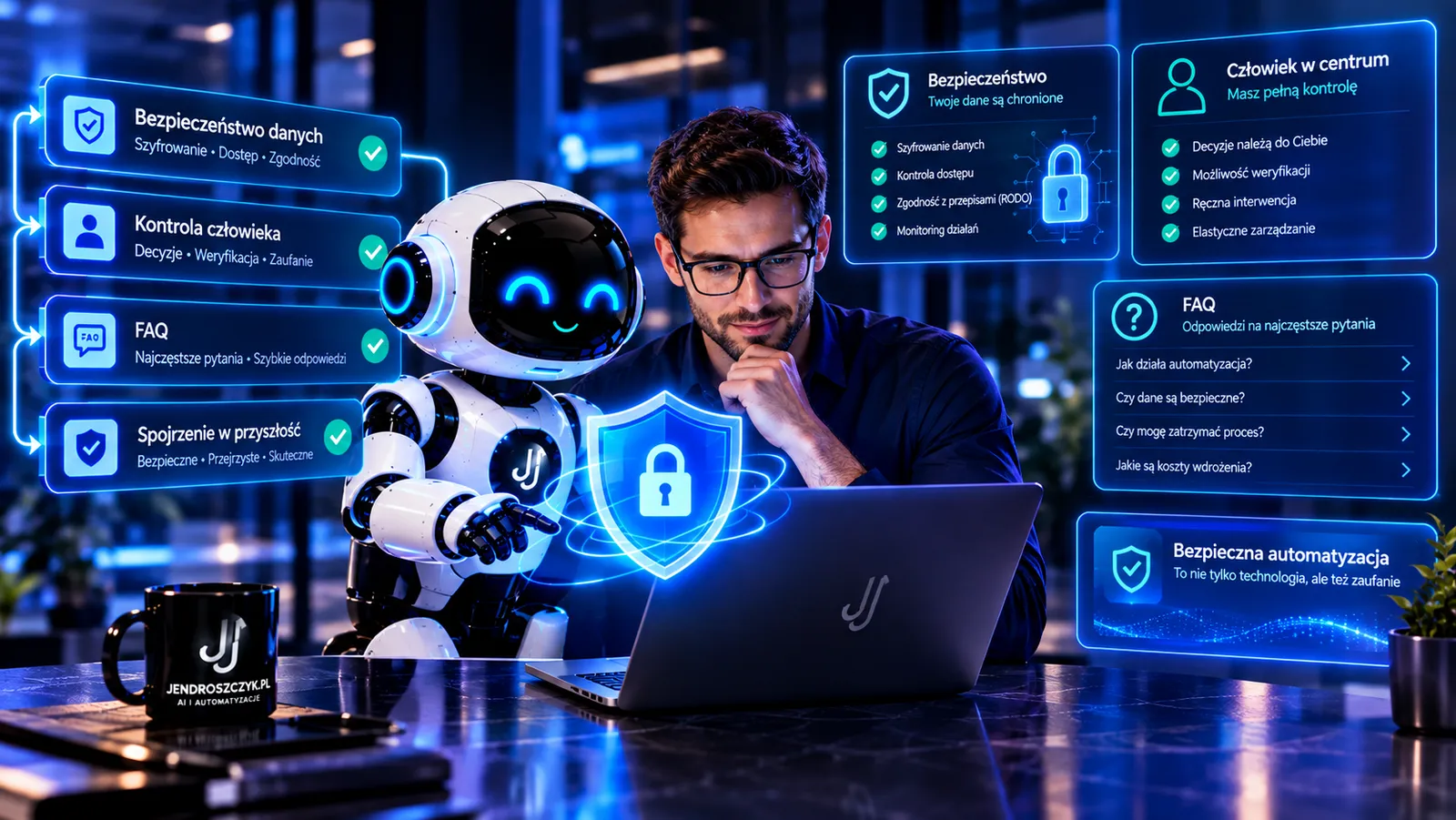 Wizualizacja bezpiecznej automatyzacji AI z kontrolą człowieka, ochroną danych, dostępem, monitoringiem i sekcją FAQ