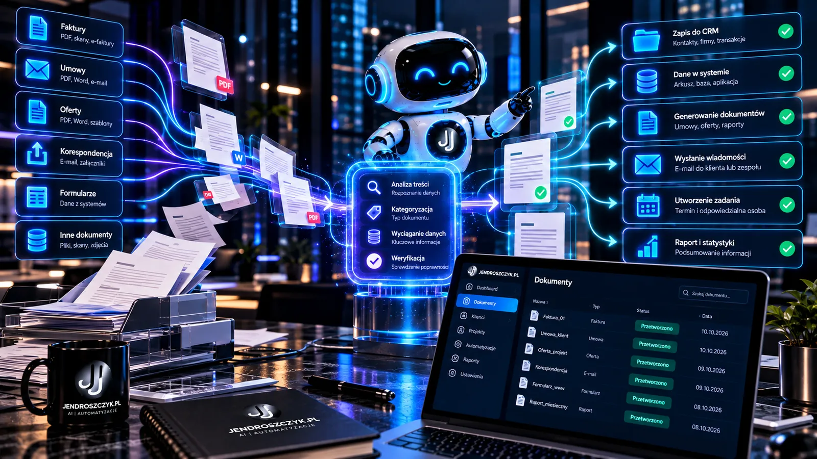 Wizualizacja automatyzacji dokumentów i danych z wykorzystaniem AI, CRM, raportów, wiadomości i systemów firmowych