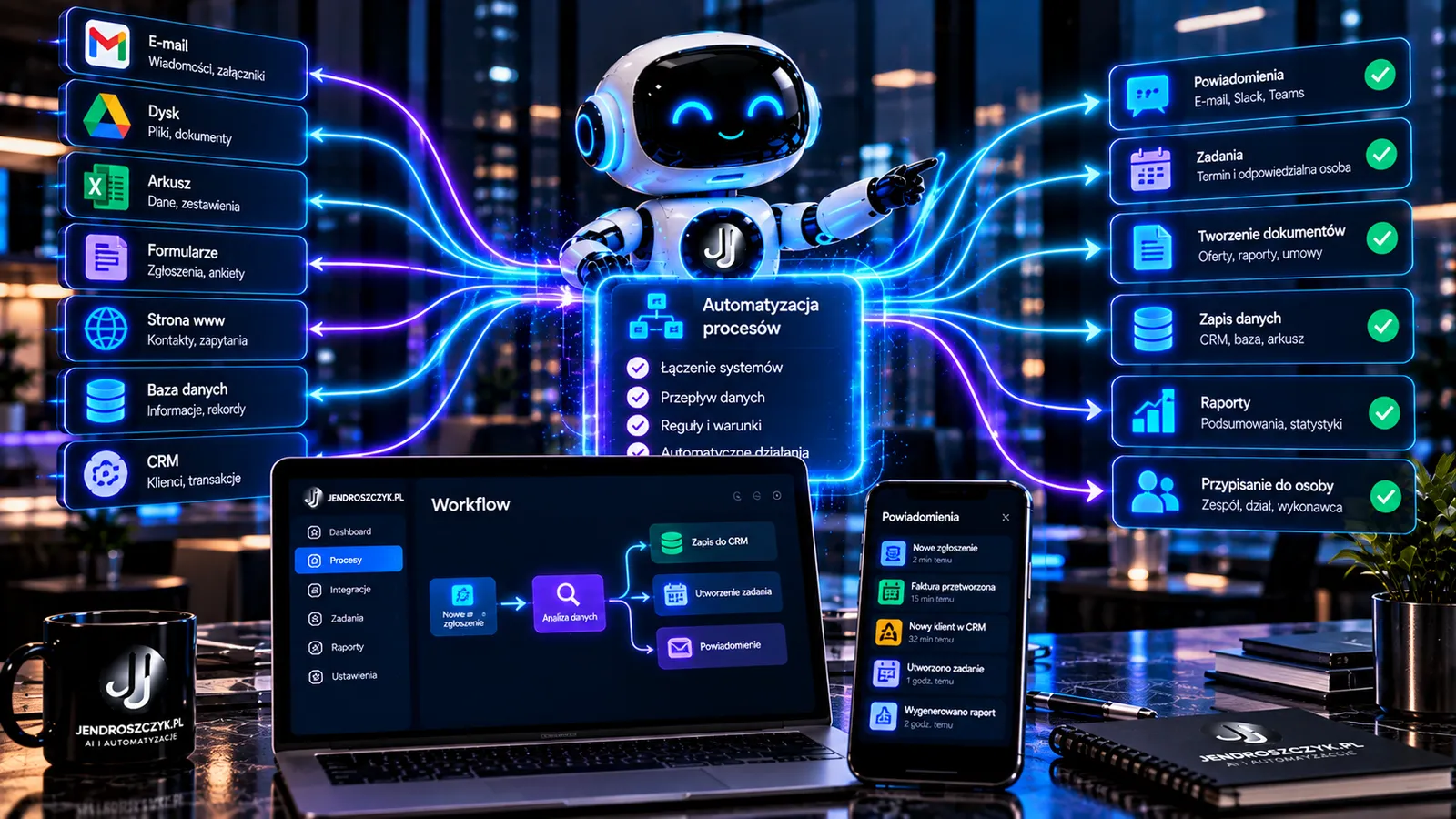 Wizualizacja integracji systemów, API i automatycznego workflow łączącego stronę WWW, CRM, pocztę, formularze, dane i zadania
