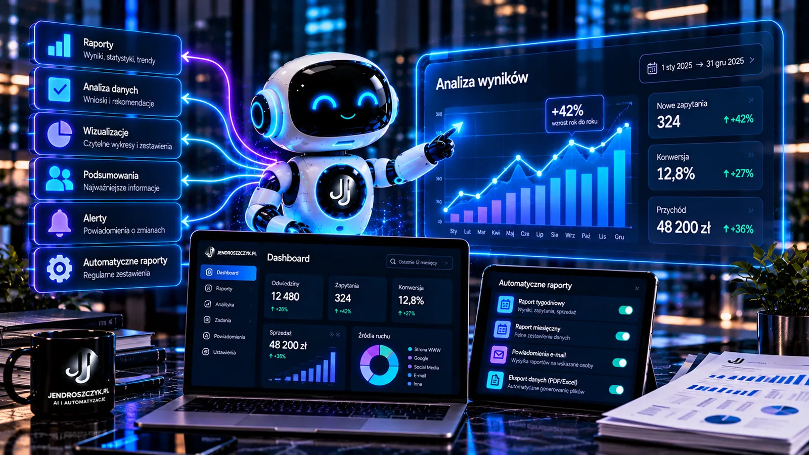Wizualizacja automatycznych raportów, analityki danych, dashboardów i podsumowań wspieranych przez AI