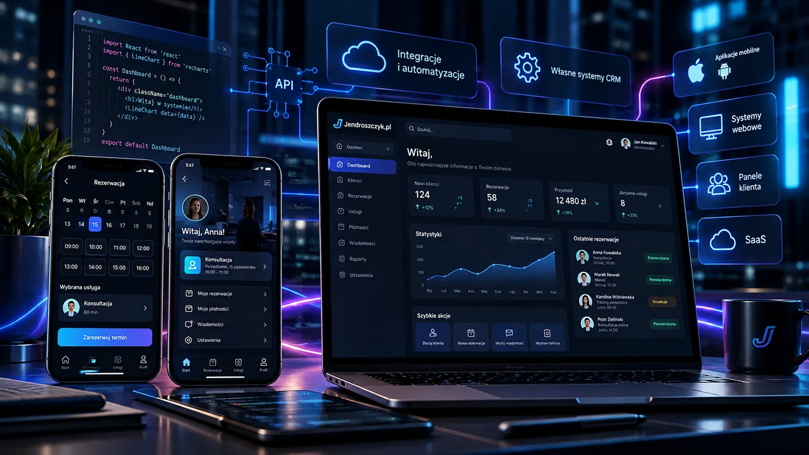 Wizualizacja aplikacji mobilnych, systemów webowych, CRM, SaaS, integracji API i automatyzacji