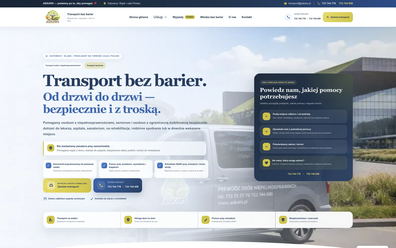 ASKARS — transport osób z niepełnosprawnościami, widok strony na komputerze
