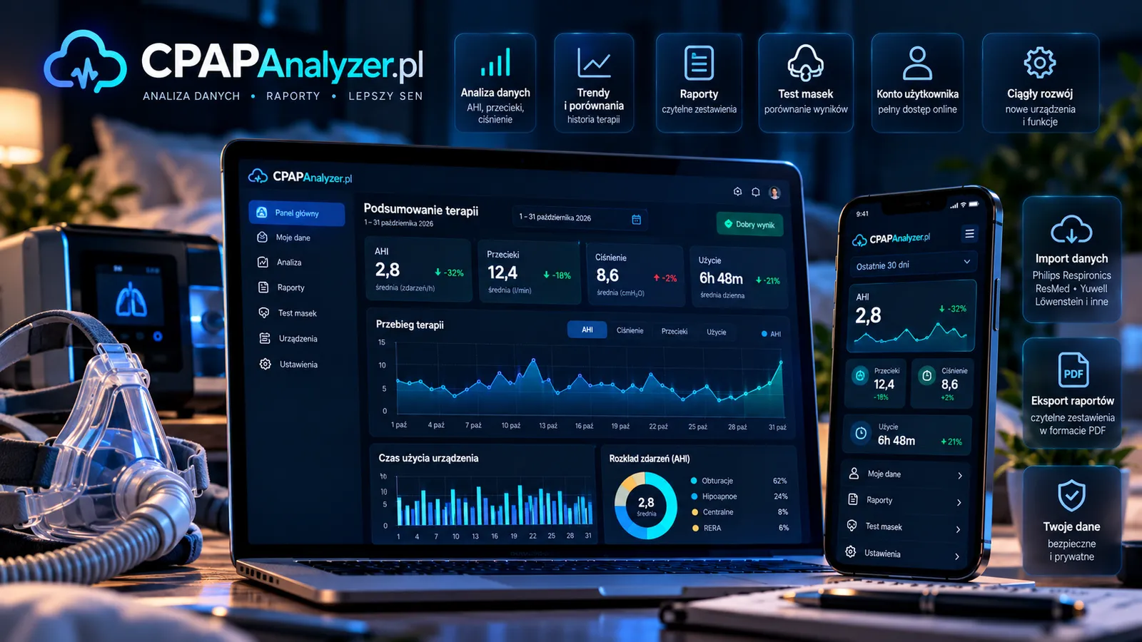 Wizualizacja platformy CPAPAnalyzer.pl z panelem analizy danych terapii CPAP, raportami i Testem masek