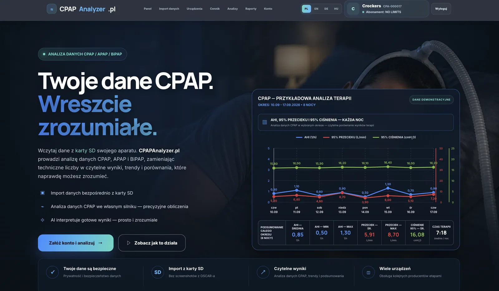 CPAPAnalyzer.pl — widok aplikacji na komputerze