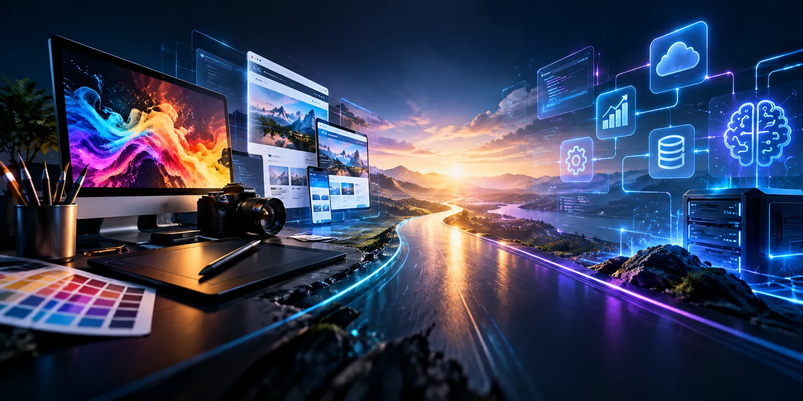 Połączenie projektowania graficznego, stron internetowych, technologii, systemów i sztucznej inteligencji