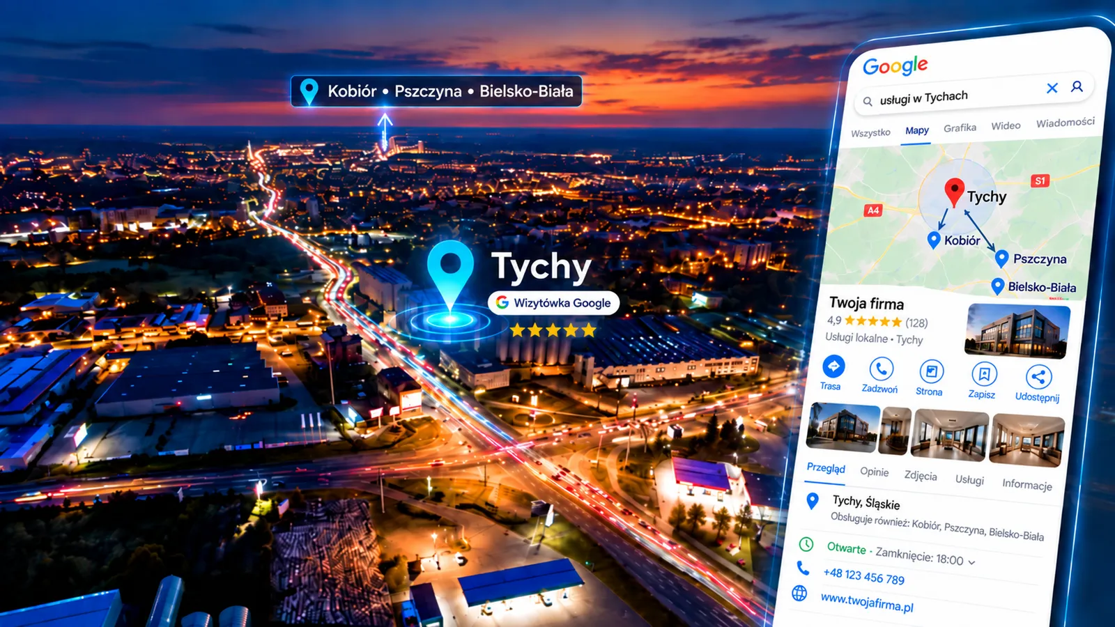 Wizualizacja lokalnej widoczności firmy w Google Maps na przykładzie Tychów oraz kierunku Kobiór, Pszczyna i Bielsko-Biała