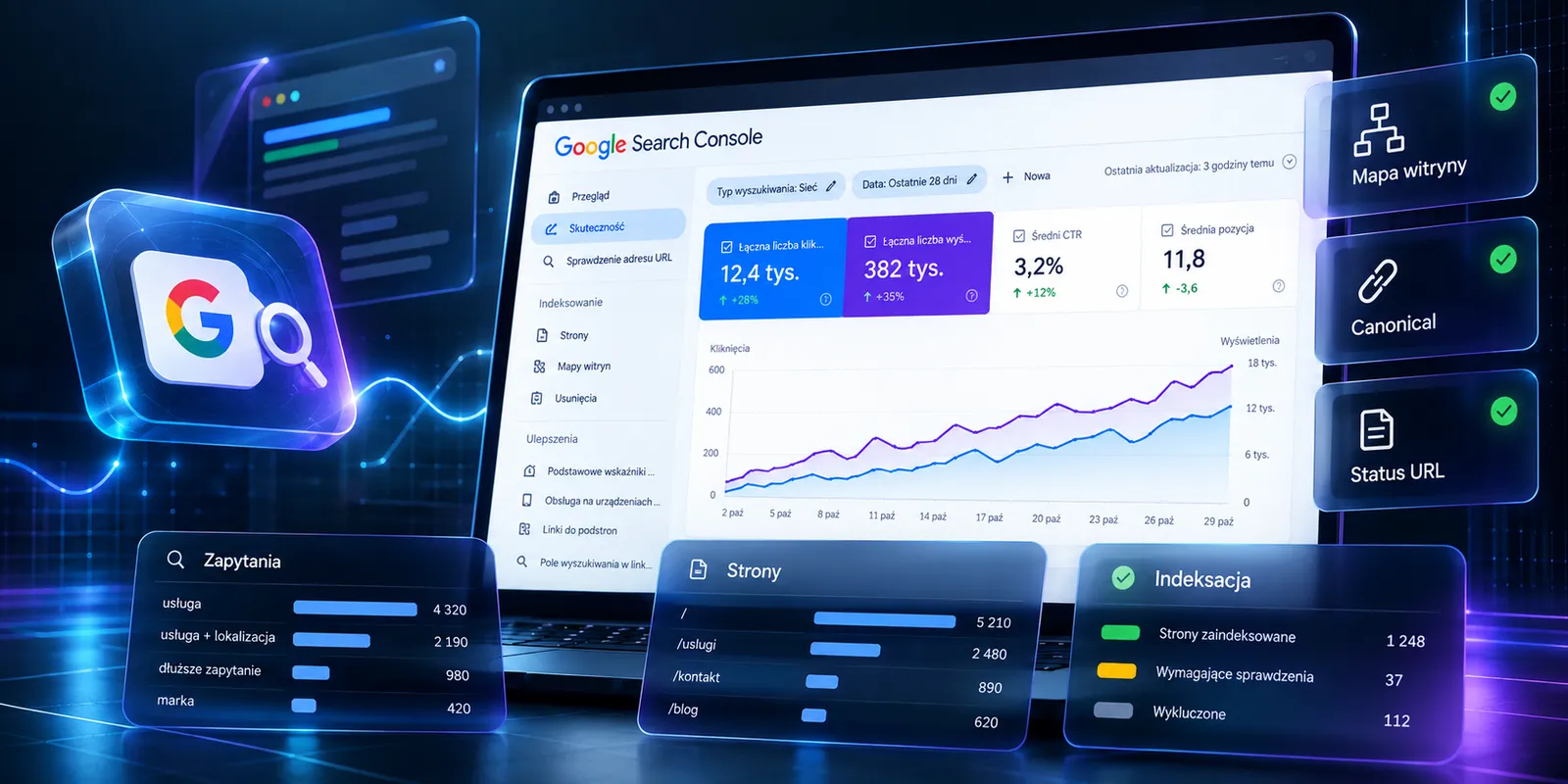 Wizualizacja Google Search Console, analizy widoczności SEO, zapytań, indeksacji i stanu strony
