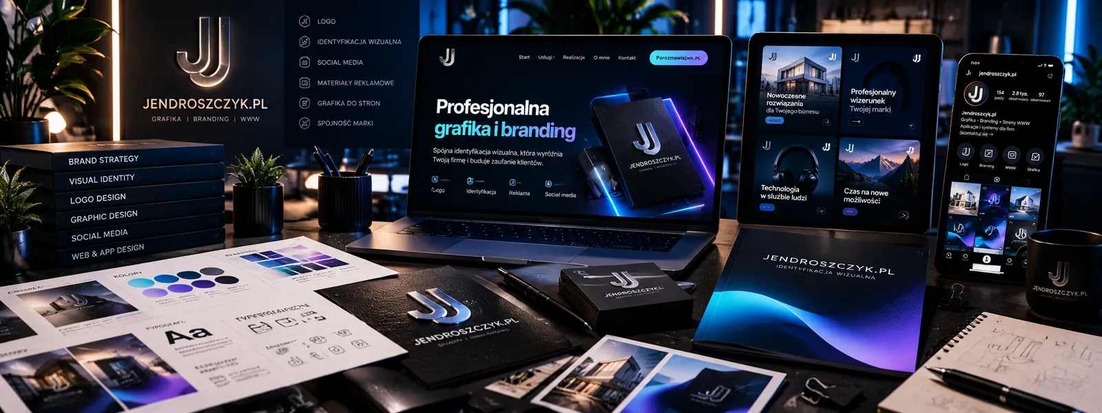 Wizualizacja identyfikacji wizualnej marki obejmującej logo, kolory, typografię, materiały reklamowe, stronę internetową i social media