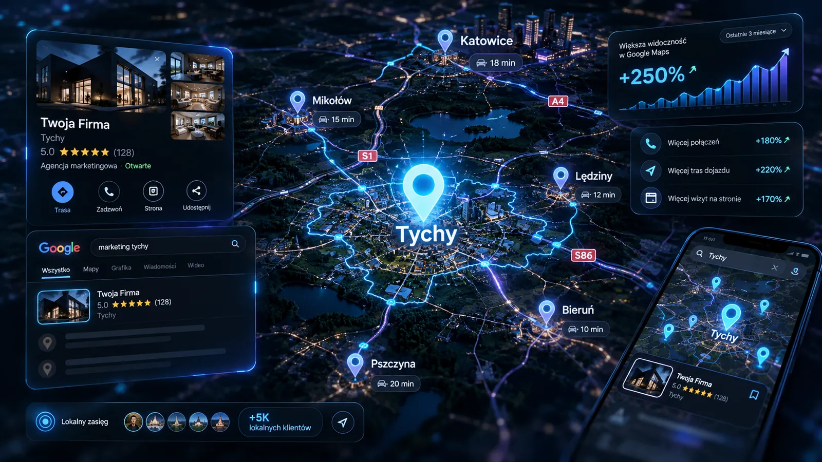 Wizualizacja Local SEO, Wizytówki Google i widoczności w Mapach Google dla Tychów i okolic