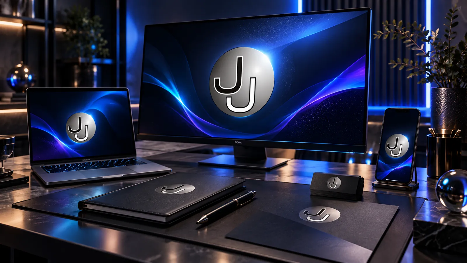 Logo Jendroszczyk.pl prezentowane w nowoczesnym studio na monitorze, laptopie, telefonie i materiałach firmowych