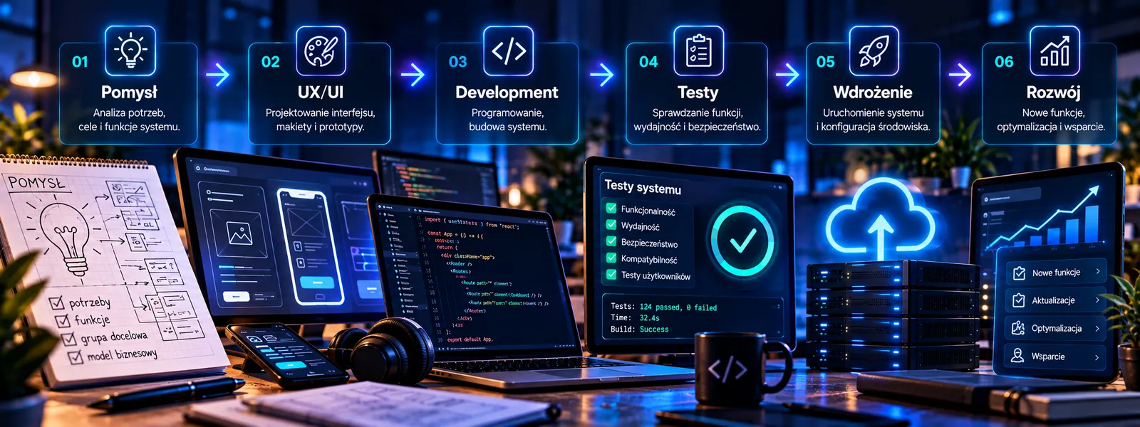 Proces tworzenia aplikacji i systemu: pomysł, UX UI, development, testy, wdrożenie i dalszy rozwój
