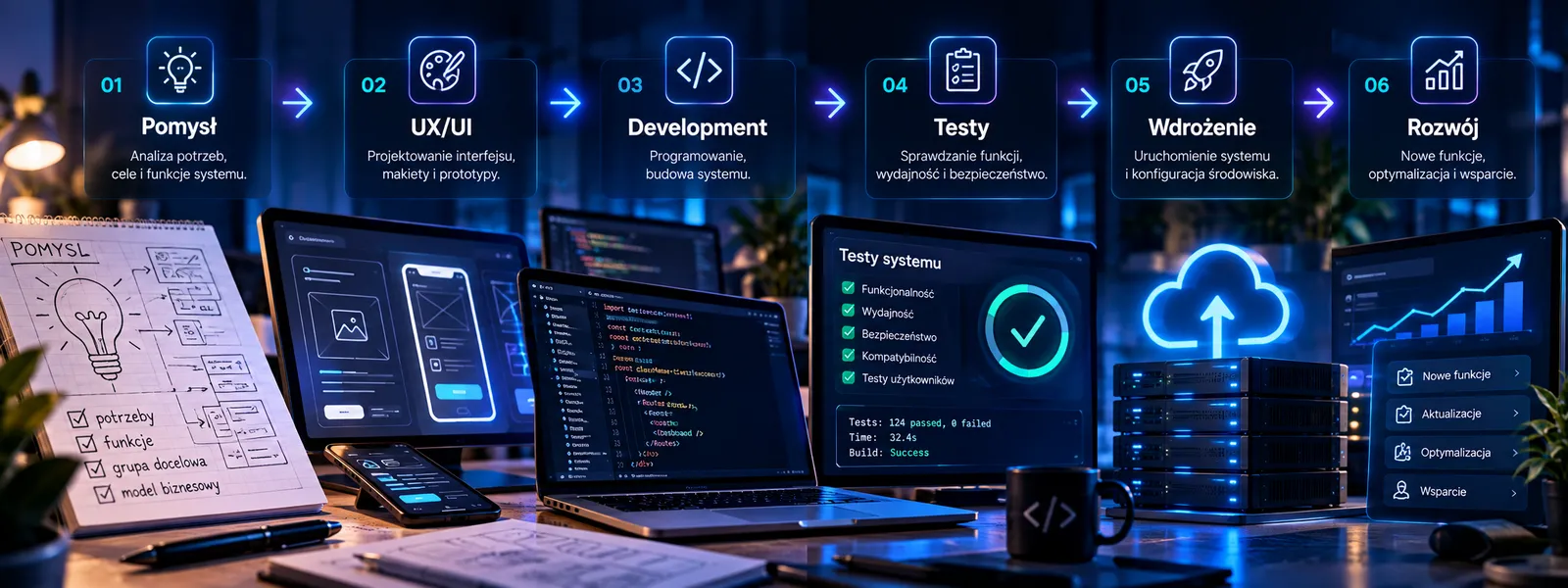 Wizualizacja procesu tworzenia aplikacji i systemu od pomysłu przez UX UI, development, testy, wdrożenie i rozwój