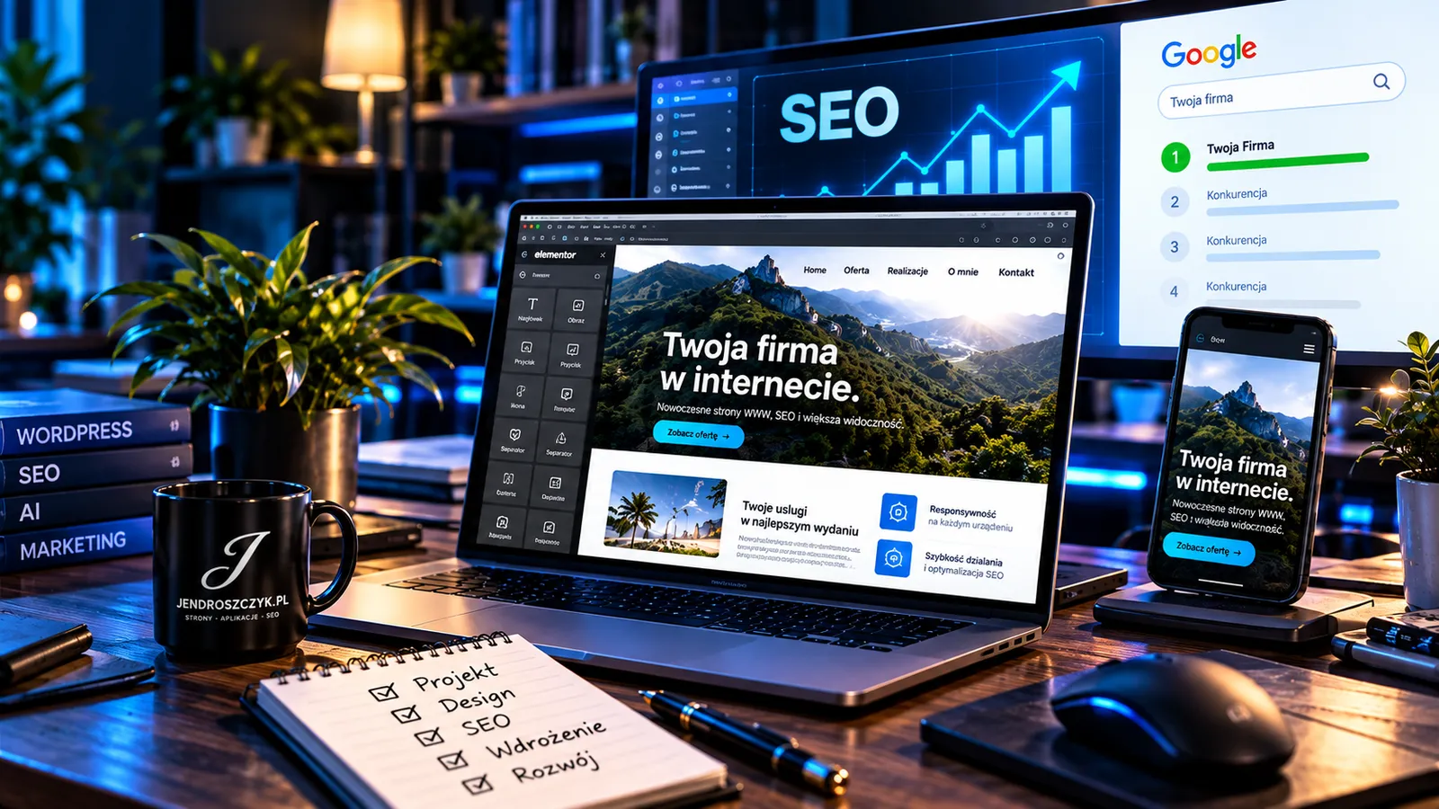 Nowoczesne stanowisko pracy do projektowania stron internetowych, SEO i rozwoju rozwiązań online