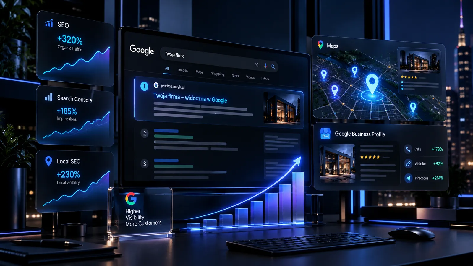 Wizualizacja usług SEO, pozycjonowania, Google, Map Google i Local SEO — Jendroszczyk.pl