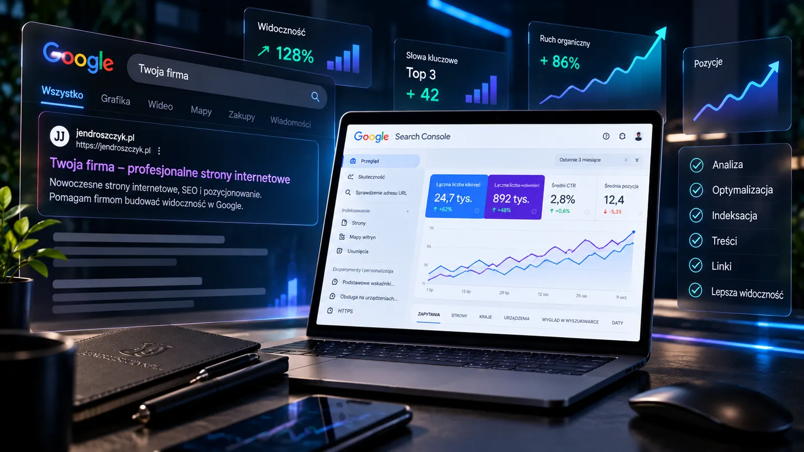 Wizualizacja SEO, Google Search Console, widoczności organicznej oraz analizy strony internetowej