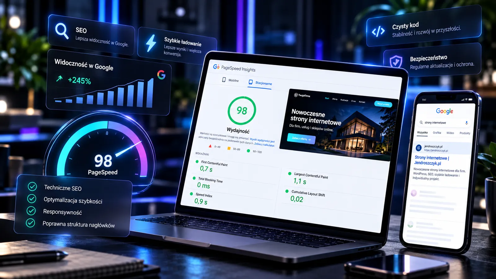 Wizualizacja technicznego SEO, szybkości strony internetowej i optymalizacji wydajności — Jendroszczyk.pl