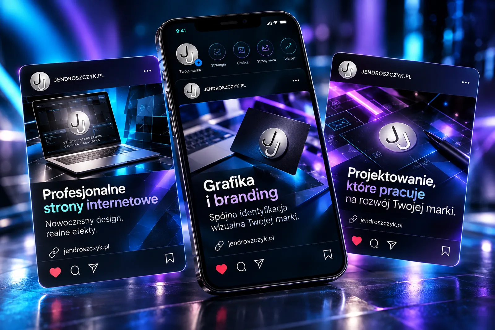 Wizualizacja grafik do social media i postów marki Jendroszczyk.pl prezentowanych na telefonie