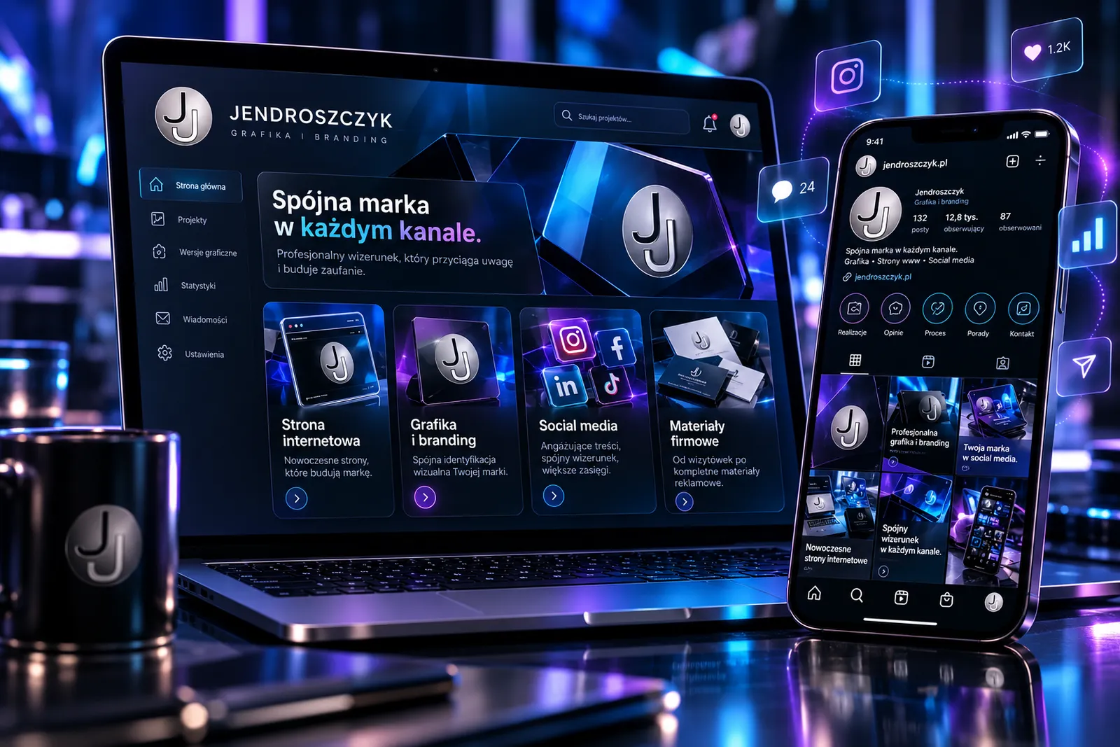 Wizualizacja spójnej komunikacji marki Jendroszczyk.pl na laptopie i telefonie w social media