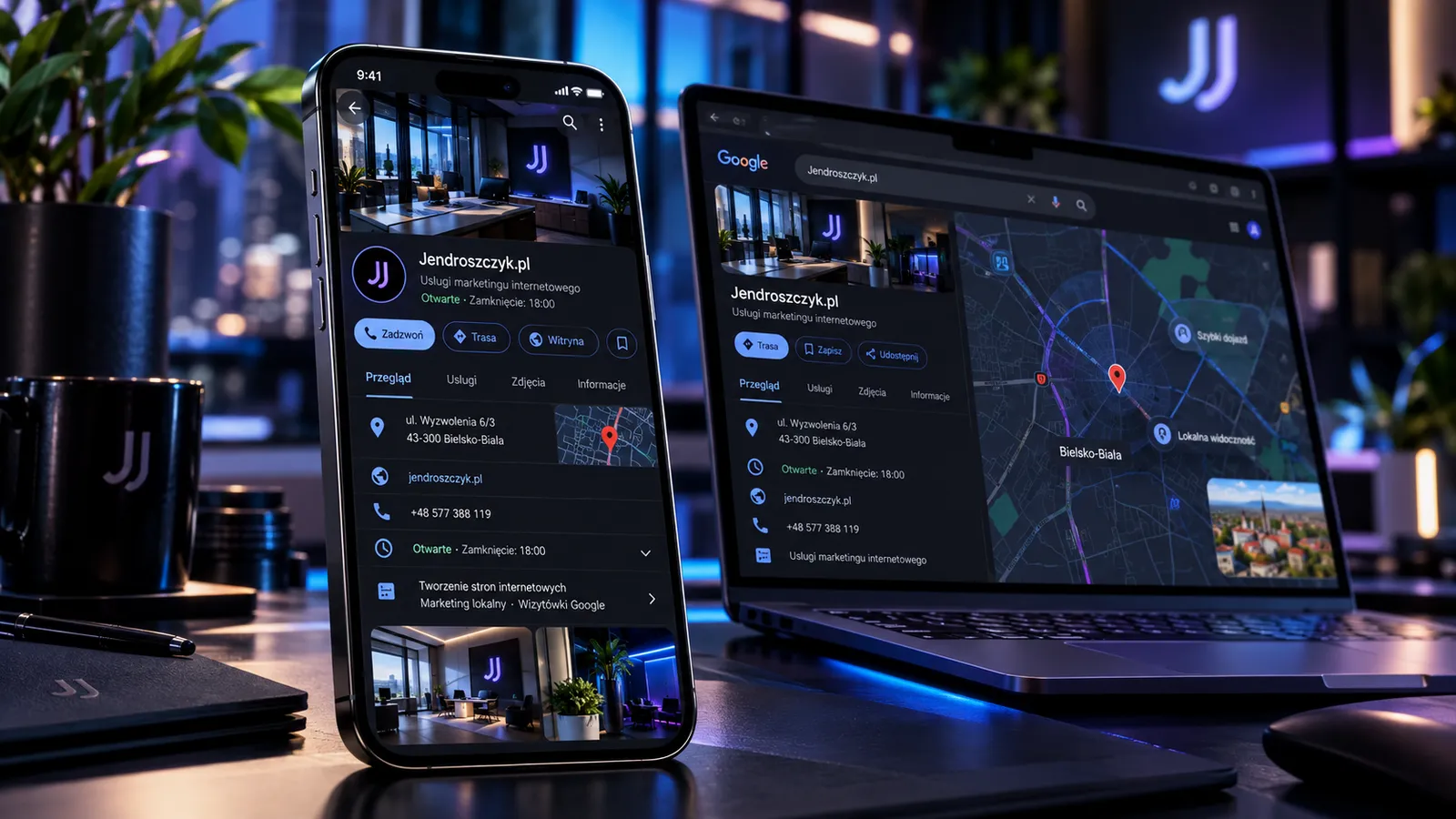 Wizualizacja obecności firmy w Google na komputerze i telefonie